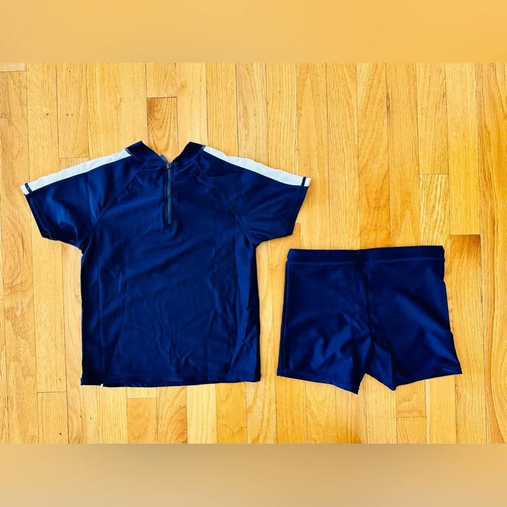 2 Pairs Boy Swim-Sets with Swim Trunks & Rash-guards in Black and Navy Blue NWOT